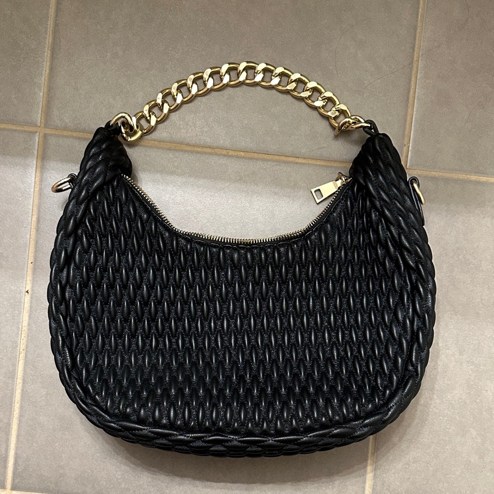 Madison West Black Textured Shoulder Bag with Gold Chain